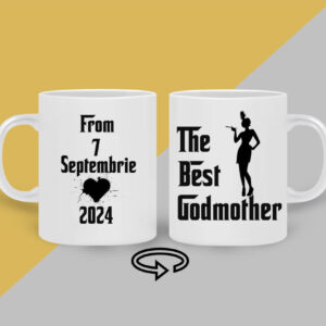Cana personalizata alba cu mesaj the best godmother, cadou amuzant pentru iubitorii de cafea