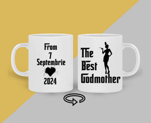 Cana personalizata alba cu mesaj the best godmother, cadou amuzant pentru iubitorii de cafea