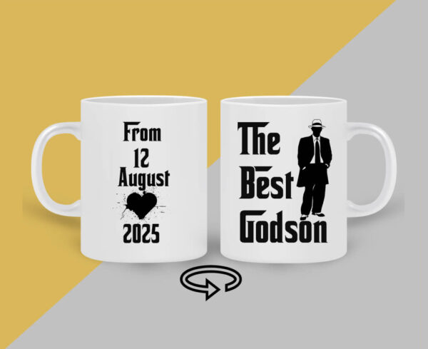 Cana personalizata alba cu mesaj the best godson, cadou amuzant pentru iubitorii de cafea