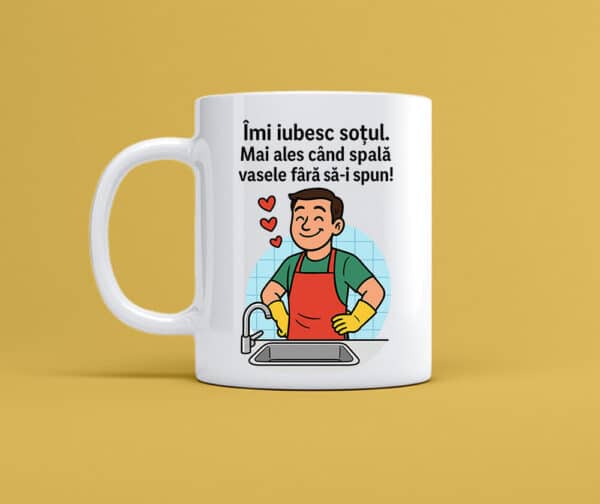 Cana personalizata alba cu mesaj imi iubesc sotul, cadou amuzant pentru iubitorii de cafea