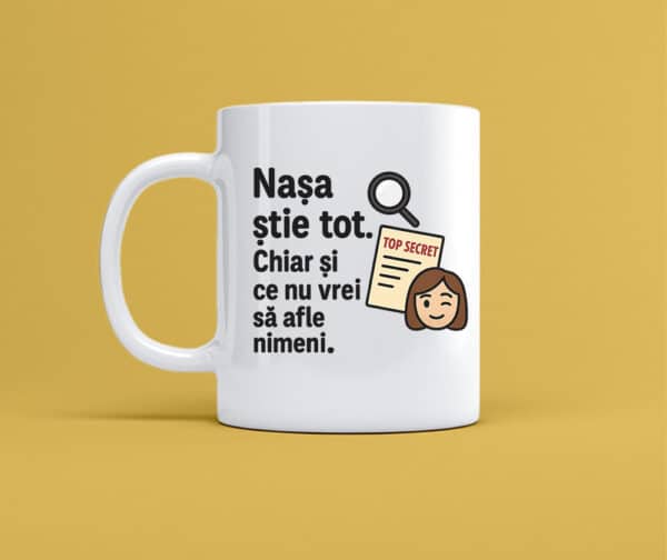 Cana personalizata alba cu mesaj nasa stie tot, cadou amuzant pentru iubitorii de cafea