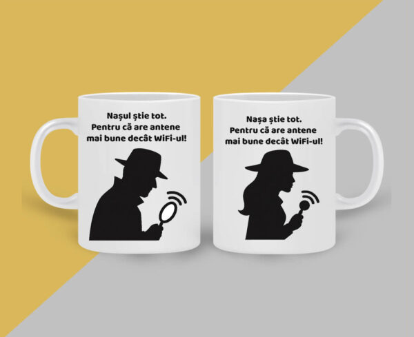 set cani personalizate albe cu mesaj nasul si nasa cadou amuzant pentru iubitorii de cafea