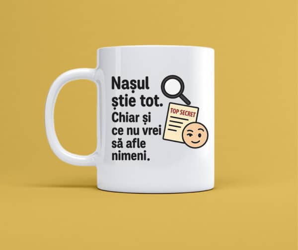 Cana personalizata alba cu mesaj nasul stie tot, cadou amuzant pentru iubitorii de cafea