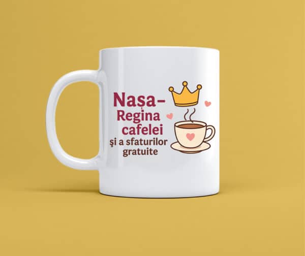 Cana personalizata alba cu mesaj regina cafelei. cadou amuzant pentru iubitorii de cafea