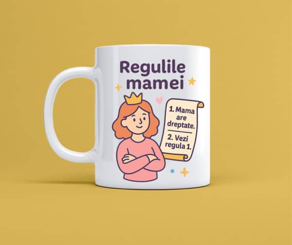 Cana personalizata alba cu mesaj regulile mamei. cadou amuzant pentru iubitorii de cafea