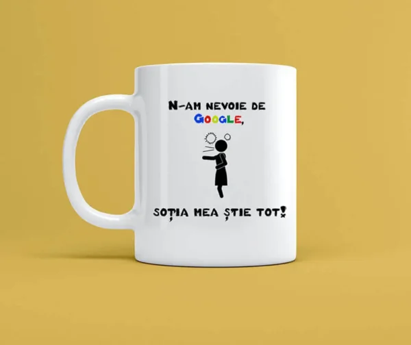 Cană personalizată alba cu mesajul sotia mea stie tot