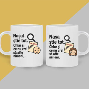 Set cani personalizate alba cu mesaj nasul si nasa, cadou amuzant pentru iubitorii de cafea
