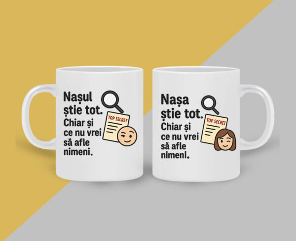 Set cani personalizate alba cu mesaj nasul si nasa, cadou amuzant pentru iubitorii de cafea
