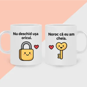 set cani albe cu mesaj Cheia inimii cadou amuzant pentru iubitorii de cafea