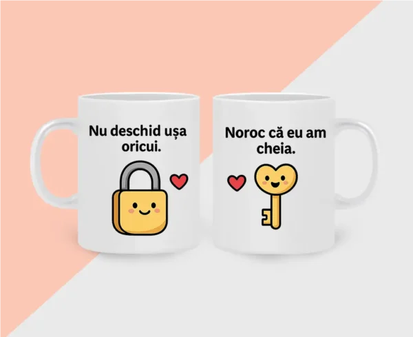 set cani albe cu mesaj Cheia inimii cadou amuzant pentru iubitorii de cafea