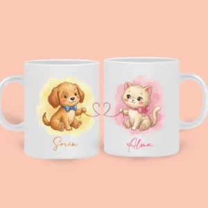 Set căni personalizate – Cățel și pisică care se completează alba