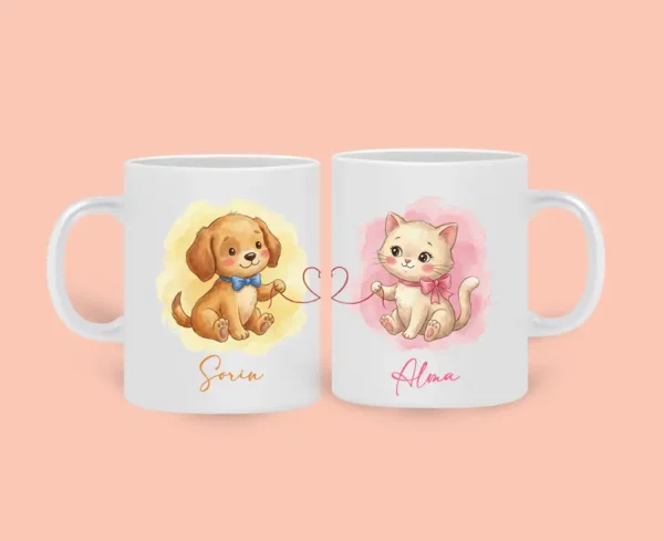 Set căni personalizate – Cățel și pisică care se completează Set căni personalizate – Cățel și pisică care se completează alba