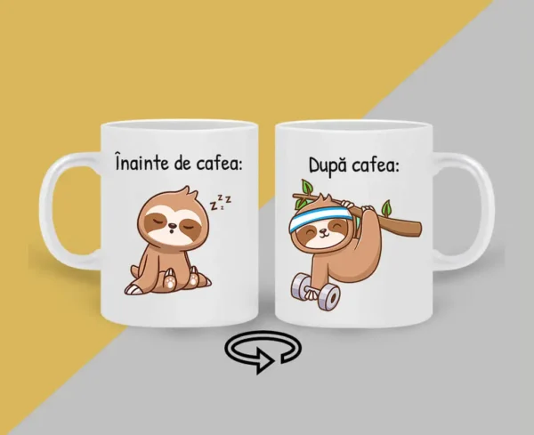 Cana personalizata alba cu mesajul inainte si dupa cafea