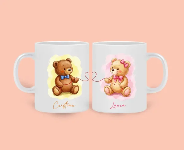 Set căni personalizate cu ursuleți alba