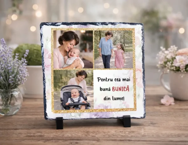 Placă Ardezie Personalizată Colaj cu 3 Poze – Bunica