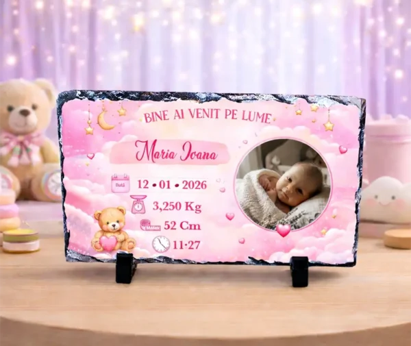 Placă Ardezie Personalizată cu Poză și Date Naștere – Fetiță Placă Ardezie Personalizată cu Poză fetita -22x12cm