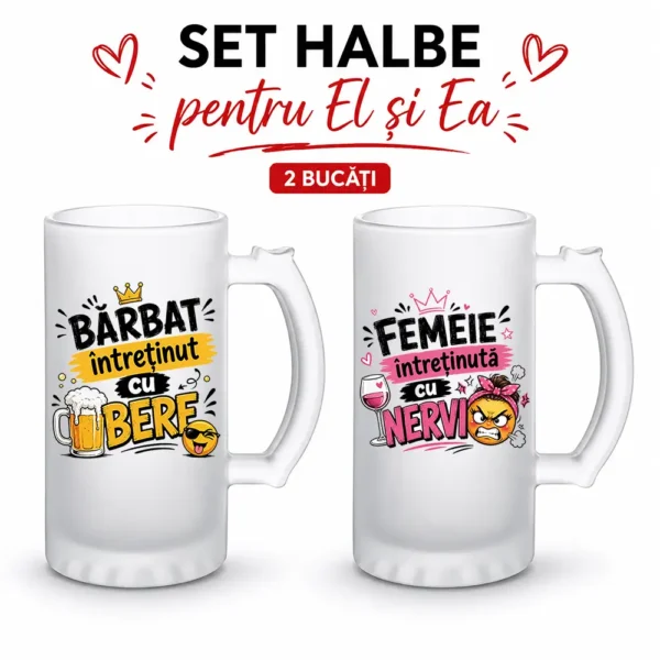 Set Halbe Personalizate – Bărbat cu Bere și Femeie cu Nervi set halbe personalizate barbat cu bere femeie cu nervi